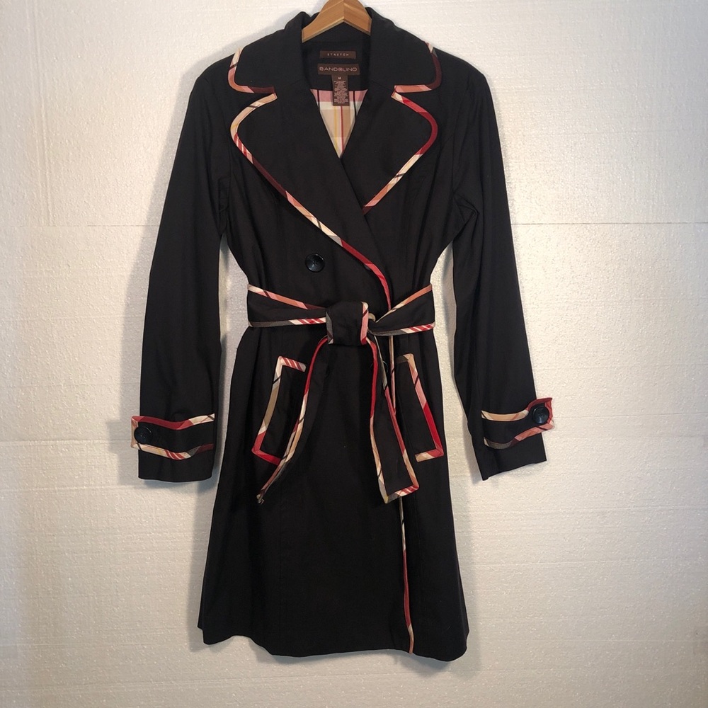 Academia preppy Old Money Bandolier Belted Lined Trench Coat Black Plaid Medium